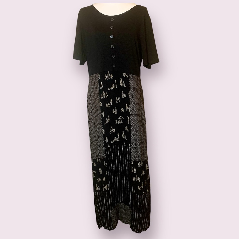 Vintage 90’s Carole Little Maxi Dress Short Sleeve Contrasting Print Black White